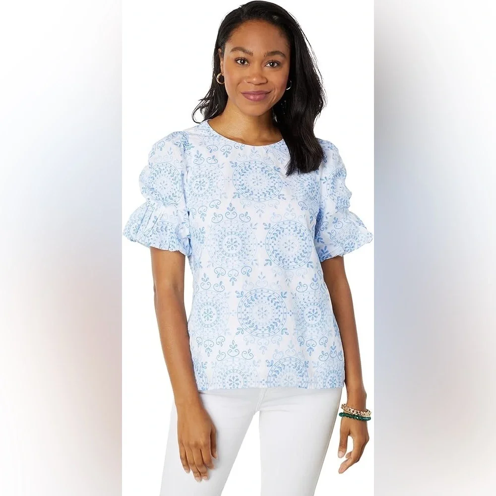 Lilly Pulitzer Lailah Short Sleeve Eyelet Boca Blue Beachside Daydream Small NWT
